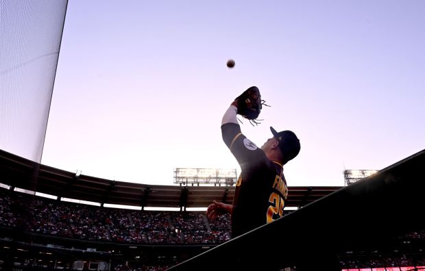 San Diego Padres first baseman Ty France catches a foul ball hit by the Angels' Jo Adell (not pictured) during the seventh inning on Friday, April 17, 2026, at Angel Stadium. (Photo by Keith Birmingham, Pasadena Star-News/SCNG)