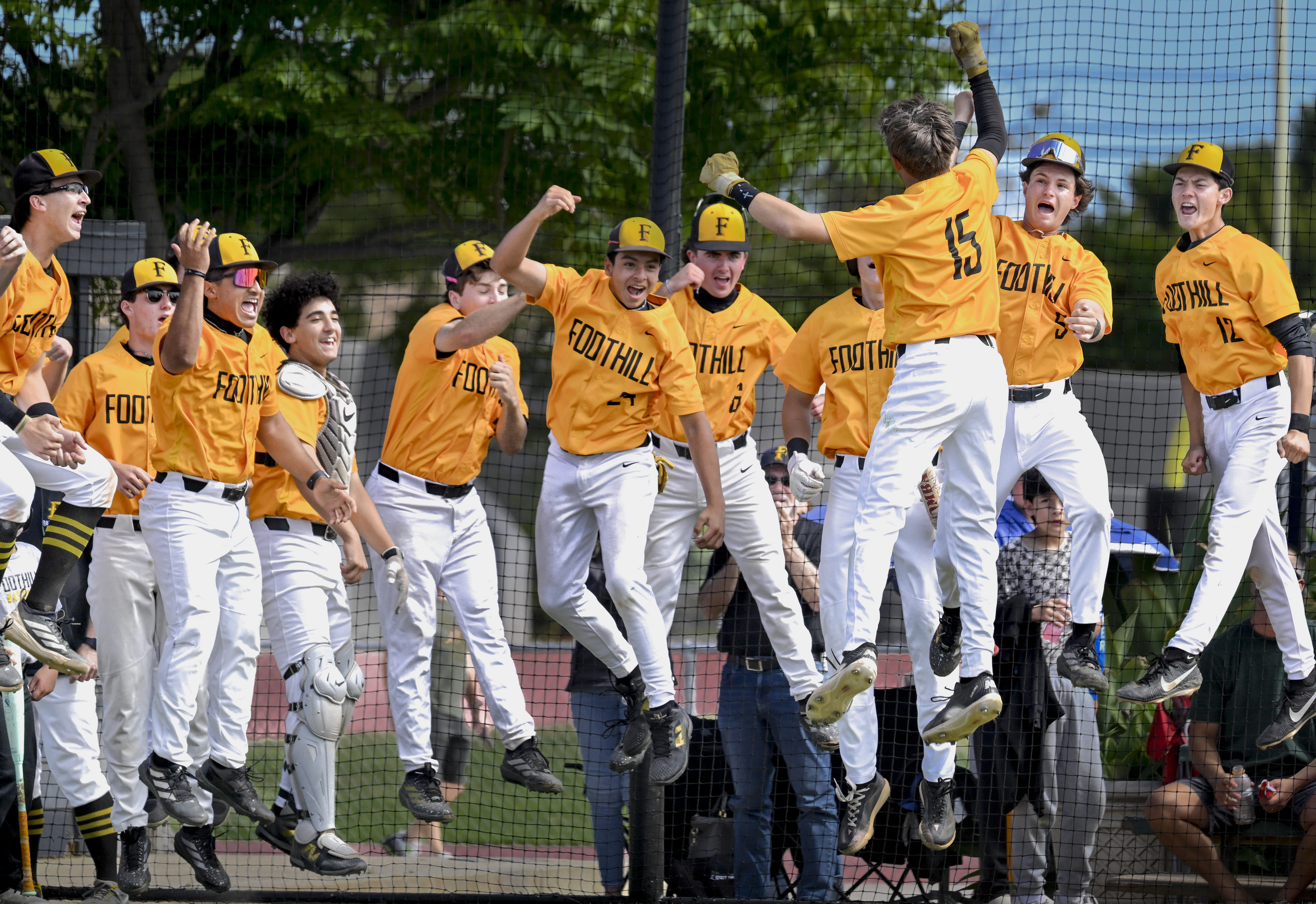 Presley Gaborno (15) of Foothill celebrates with teammates after hitting...