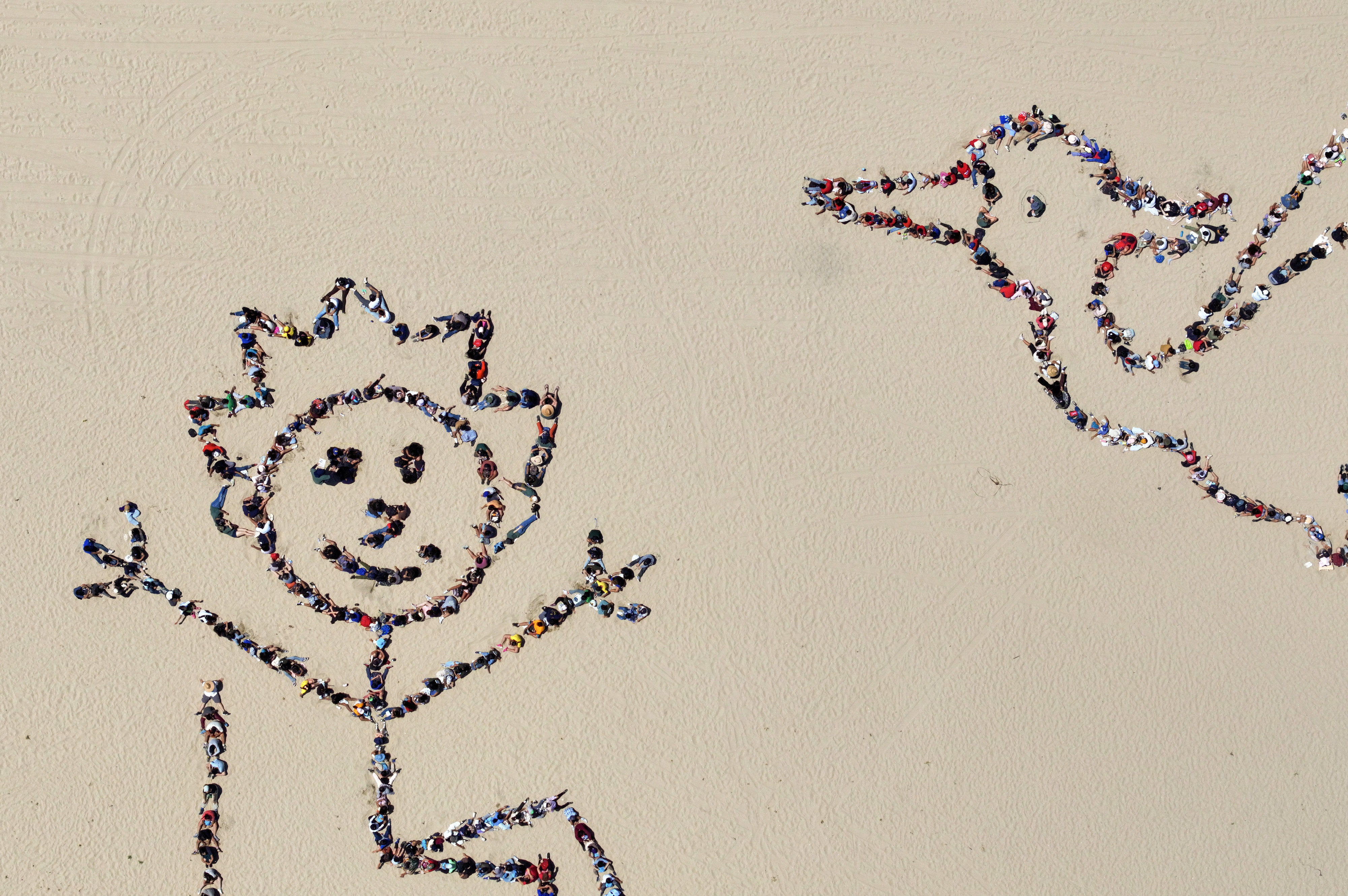 Over 1,000 kids form a giant artwork in the sand...
