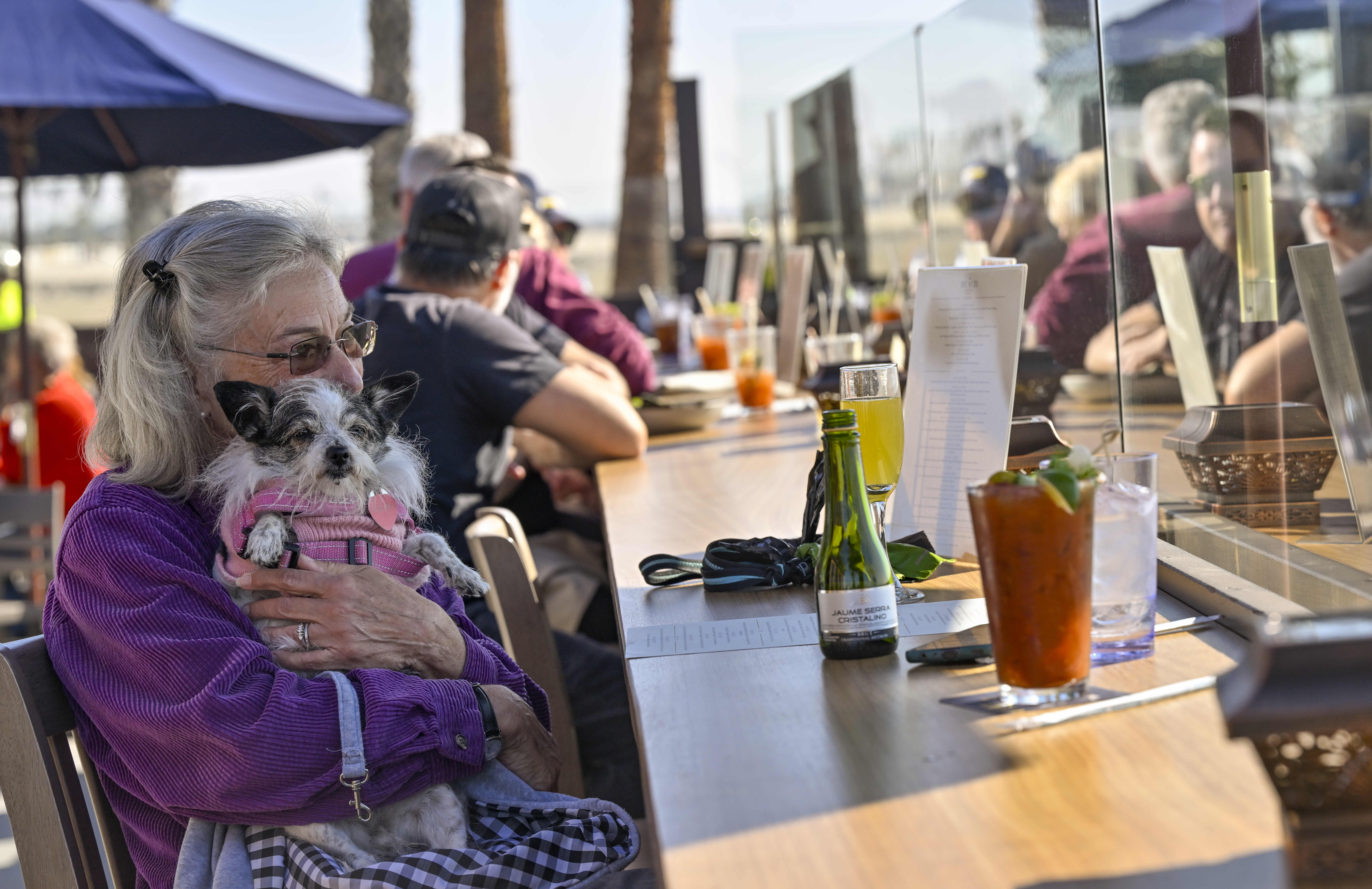 Diana Little holds on to her dog Scruffy as she...