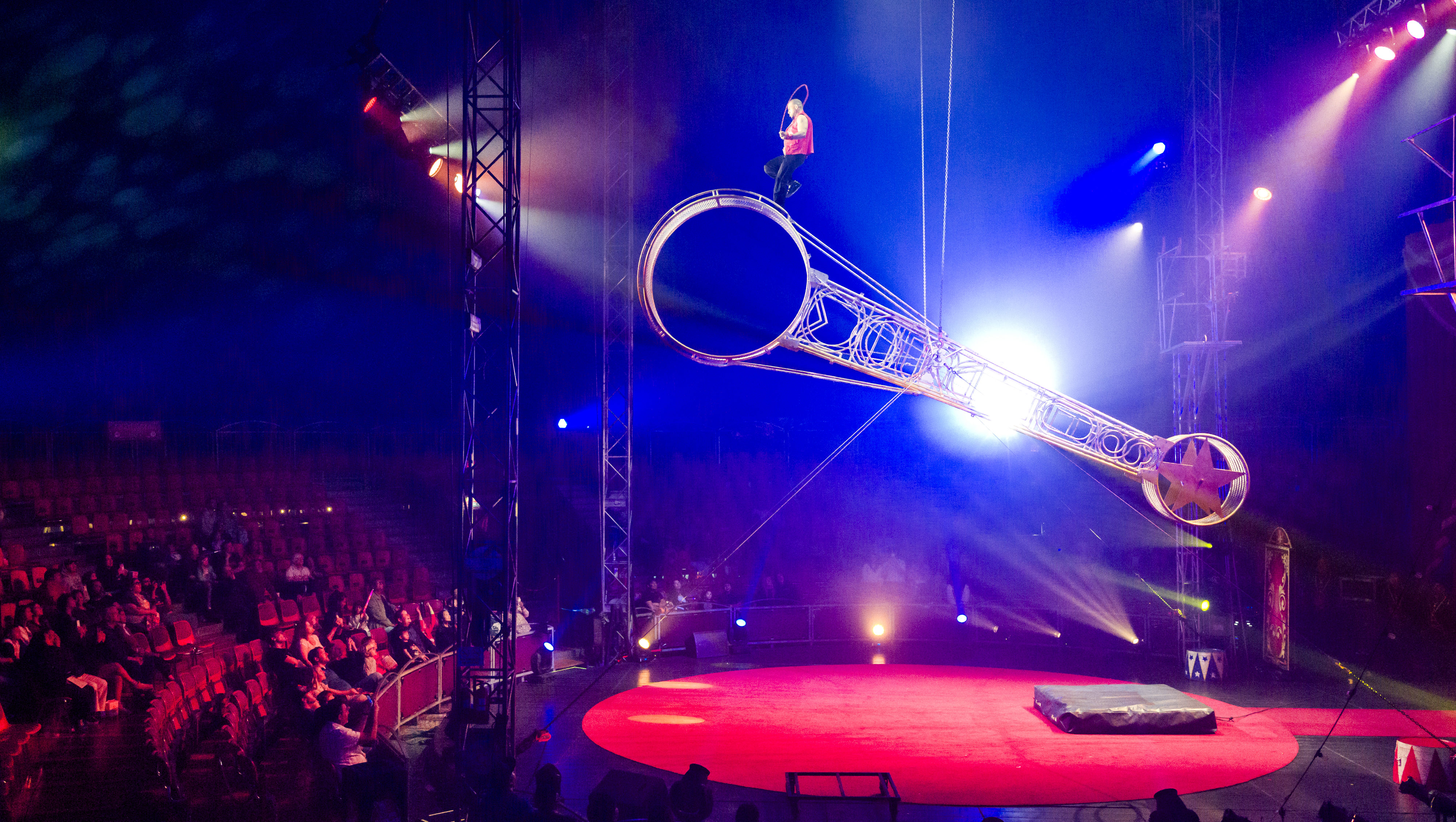 Acrobat Charlis Benitez performs on the âWheel of Deathâ during...