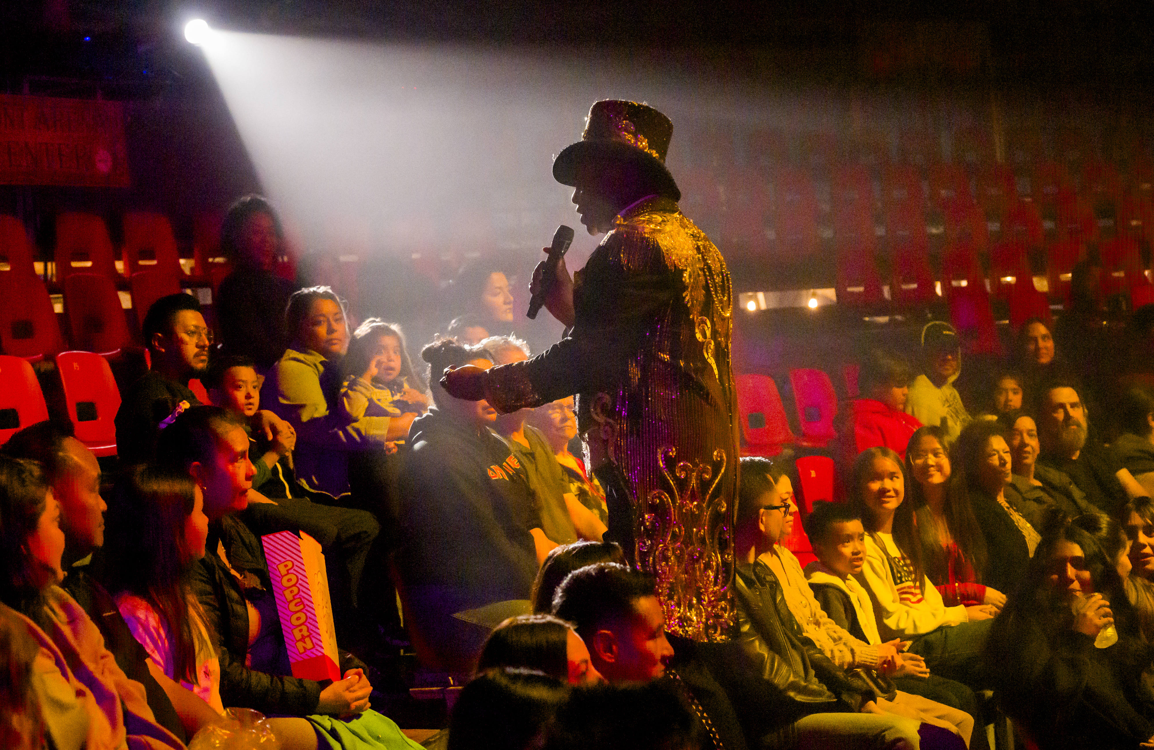 Ringmaster Johnathan Lee Iverson interacts with the audience during Circus...