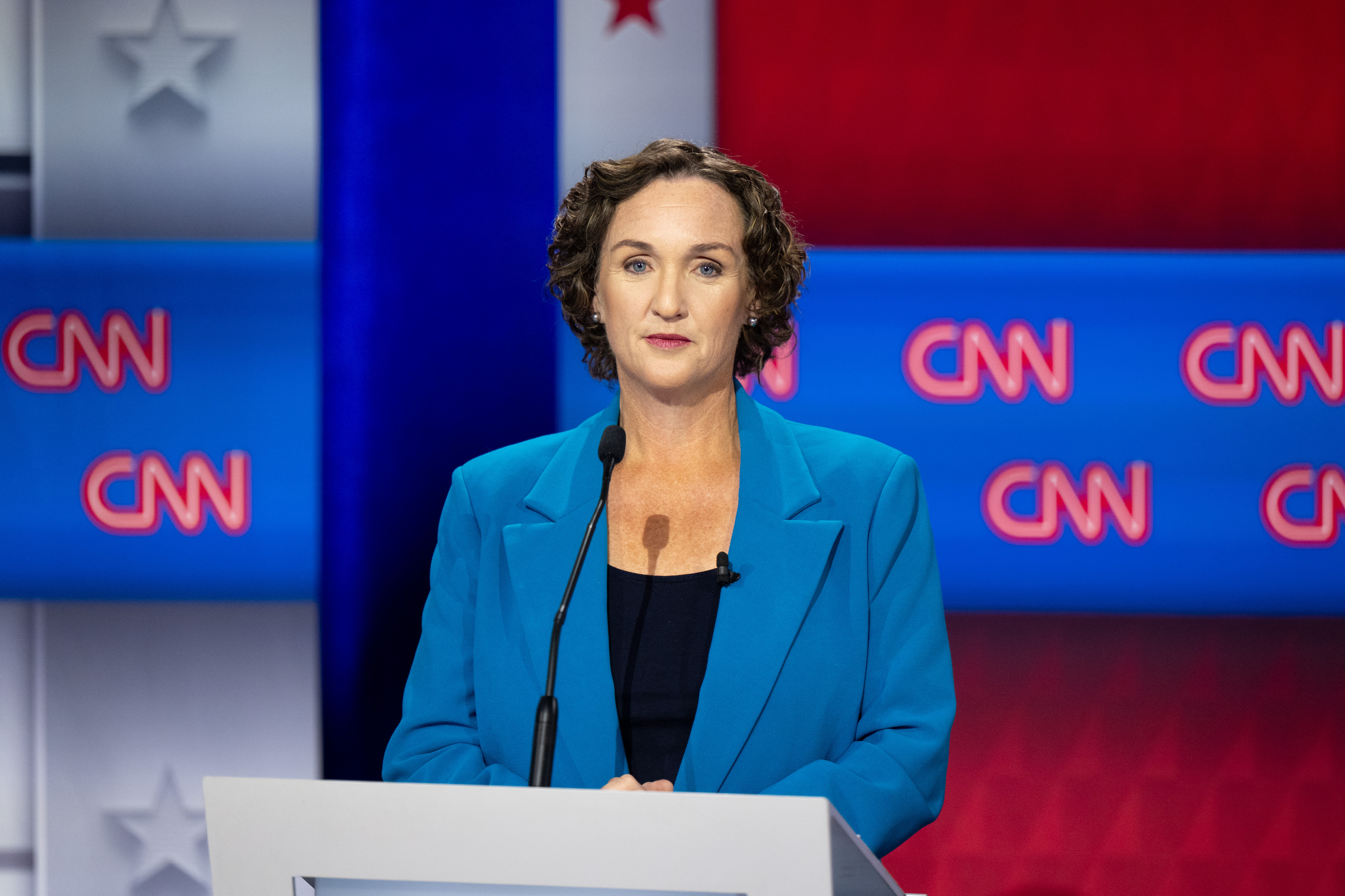 Katie Porter, candidate for governor of California, on stage in...