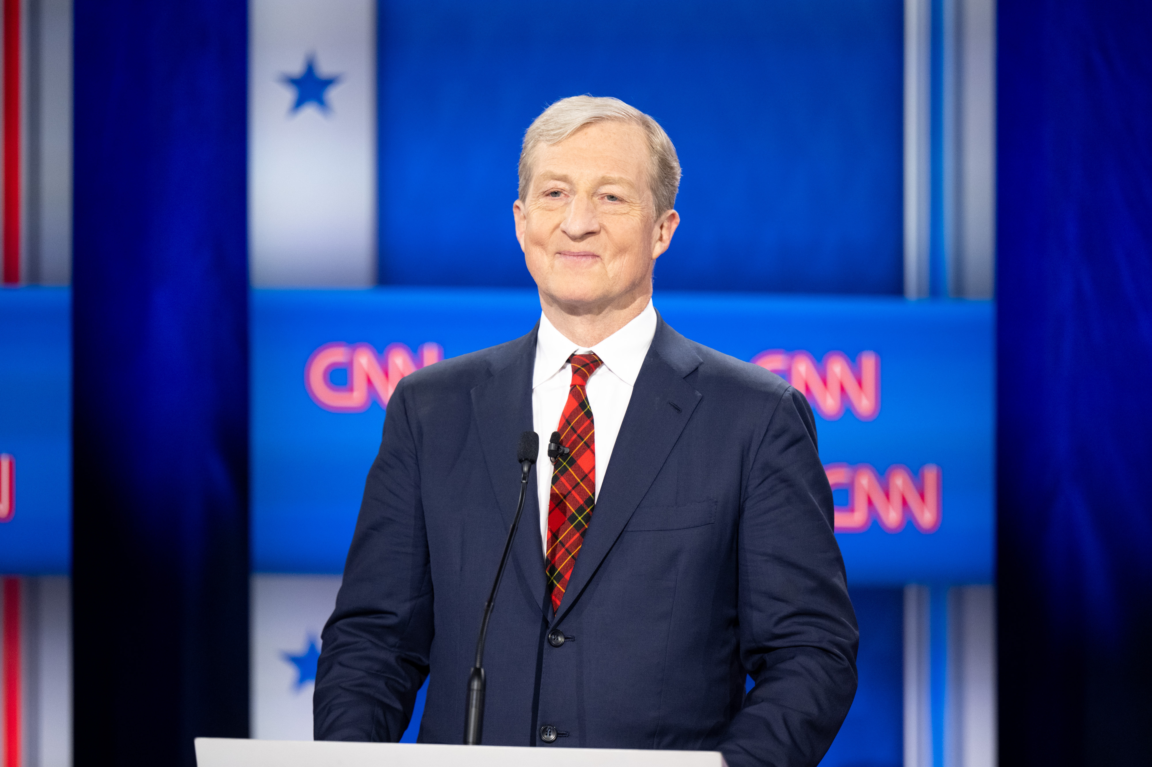 Tom Steyer, candidate for governor of California, on stage in...