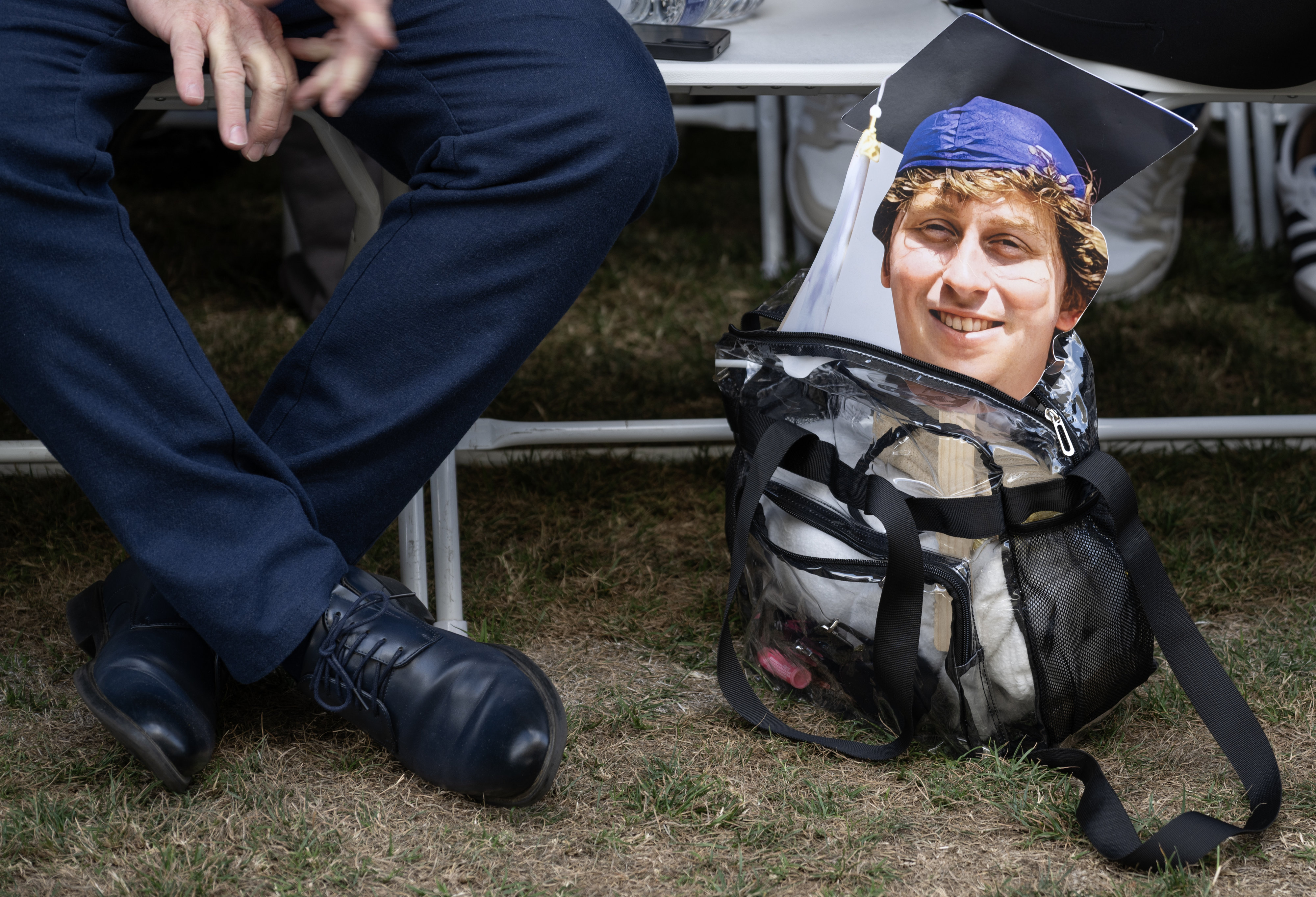 A cutout of Cal State Fullerton student Jacob Marsh’s head...