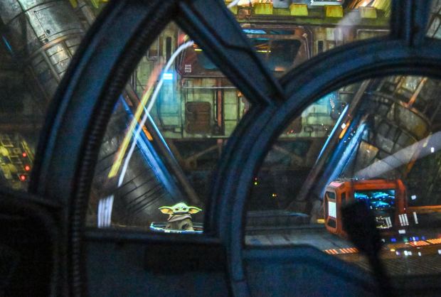 Grogu appears inside Millennium Falcon: Smugglers Run in Star Wars: Galaxy's Edge at Disneyland in Anaheim, CA, on Wednesday, May 20, 2026. The updated ride lets visitors pick from the three different destinations - Bespin (Cloud City), Endor (Wreckage of the second Death Star) or Coruscant (The city-planet) - and appearances by The Mandalorian and Grogu. (Photo by Jeff Gritchen, Orange County Register/SCNG)