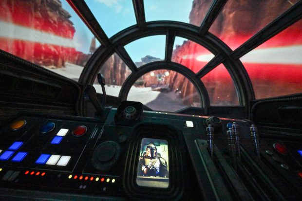 The Mandalorian leads riders on Millennium Falcon: Smugglers Run in Star Wars: Galaxy's Edge at Disneyland in Anaheim, CA, on Wednesday, May 20, 2026. The updated ride lets visitors pick from the three different destinations - Bespin (Cloud City), Endor (Wreckage of the second Death Star) or Coruscant (The city-planet) - and appearances by The Mandalorian and Grogu. (Photo by Jeff Gritchen, Orange County Register/SCNG)