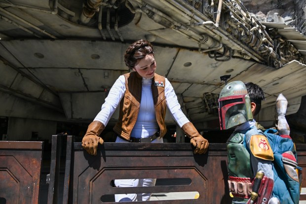 Princess Leia chats with Lorenzo Perez, 8, dressed as Boba Fett, at Star Wars: Galaxy's Edge inside Disneyland on Wednesday, April 26, 2926, in Anaheim. Disney is changing up Batuu, adding Darth Vader, Luke, Skywalker, Han Solo and Princess Leia to the land. (Photo by Jeff Gritchen, Orange County Register/SCNG)
