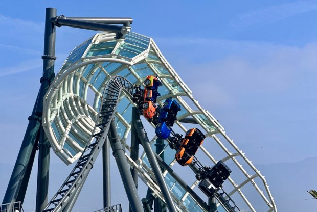 The Fast & Furious: Hollywood Drift roller coaster during a test run at Universal Studios Hollywood. (Photo by Brady MacDonald, Orange County Register/SCNG)