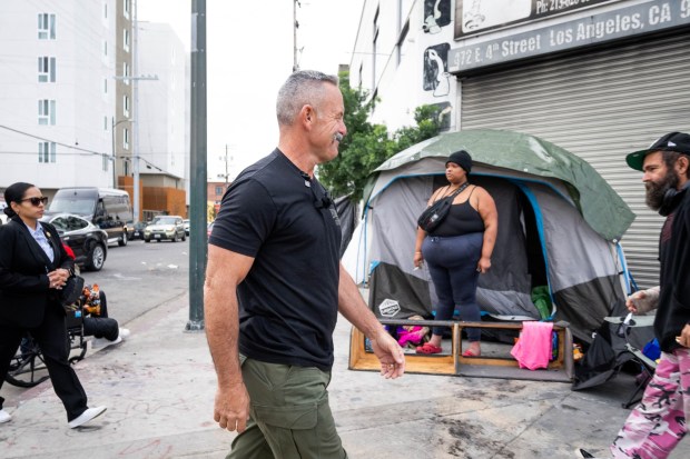 Riverside County Sheriff Chad Bianco, a republican candidate for California governor, tours Skid Row in Los Angeles on Tuesday, January 6, 2026. (Photo by Sarah Reingewirtz, Los Angeles Daily News/SCNG)