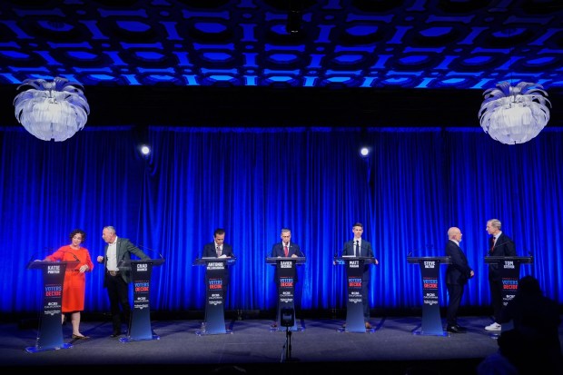The top contenders for California governor all largely agreed: The state needs more housing.From left, Katie Porter, Chad Bianco, Antonio Villaraigosa, Xavier Becerra, Matt Mahan, Steve Hilton and Tom Steyer wait during a break in a California gubernatorial debate hosted by CBS Bay Area and the San Francisco Examiner in San Francisco, Thursday, May 14, 2026. (AP Photo/Godofredo A. Vásquez)
