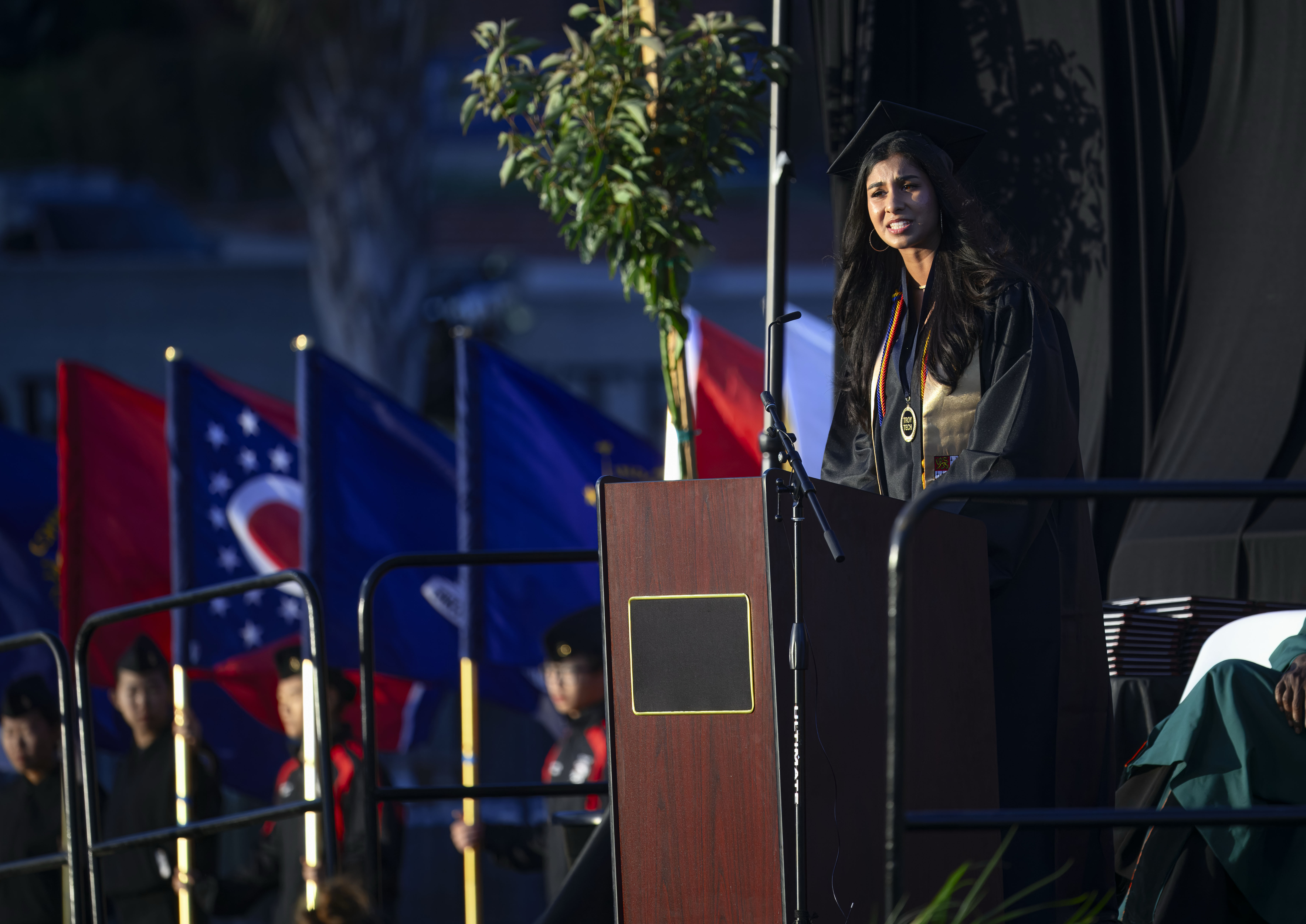 Reva Sobti delivers one of the senior commencement addresses during...
