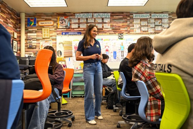 Jennifer Ortiz works with sophomores in her Ethnic Studies English class at Anaheim High School in Anaheim, CA, on Friday, May 1, 2026. (Photo by Jeff Gritchen, Orange County Register/SCNG)