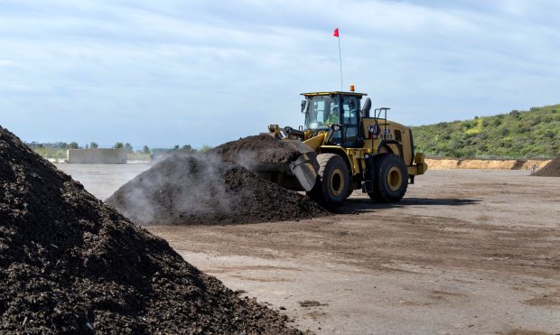 Green waste from residents' curbside bins is turned into compost at the Prima Deshecha Landfill in San Juan Capistrano on Friday, April 3, 2026. The process takes 3 to 6 months, and residents can get the finished product for free. (Photo by Paul Bersebach, Orange County Register/SCNG)