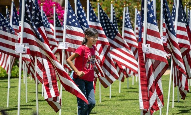 School children stroll through Mission San Juan Capistrano's Field of Honor while on a field trip on Wednesday, May 21, 2025. The display, sponsored by Homefront America, honors first responders and veterans and will be open through Memorial Day. (Photo by Mindy Schauer, Orange County Register/SCNG)