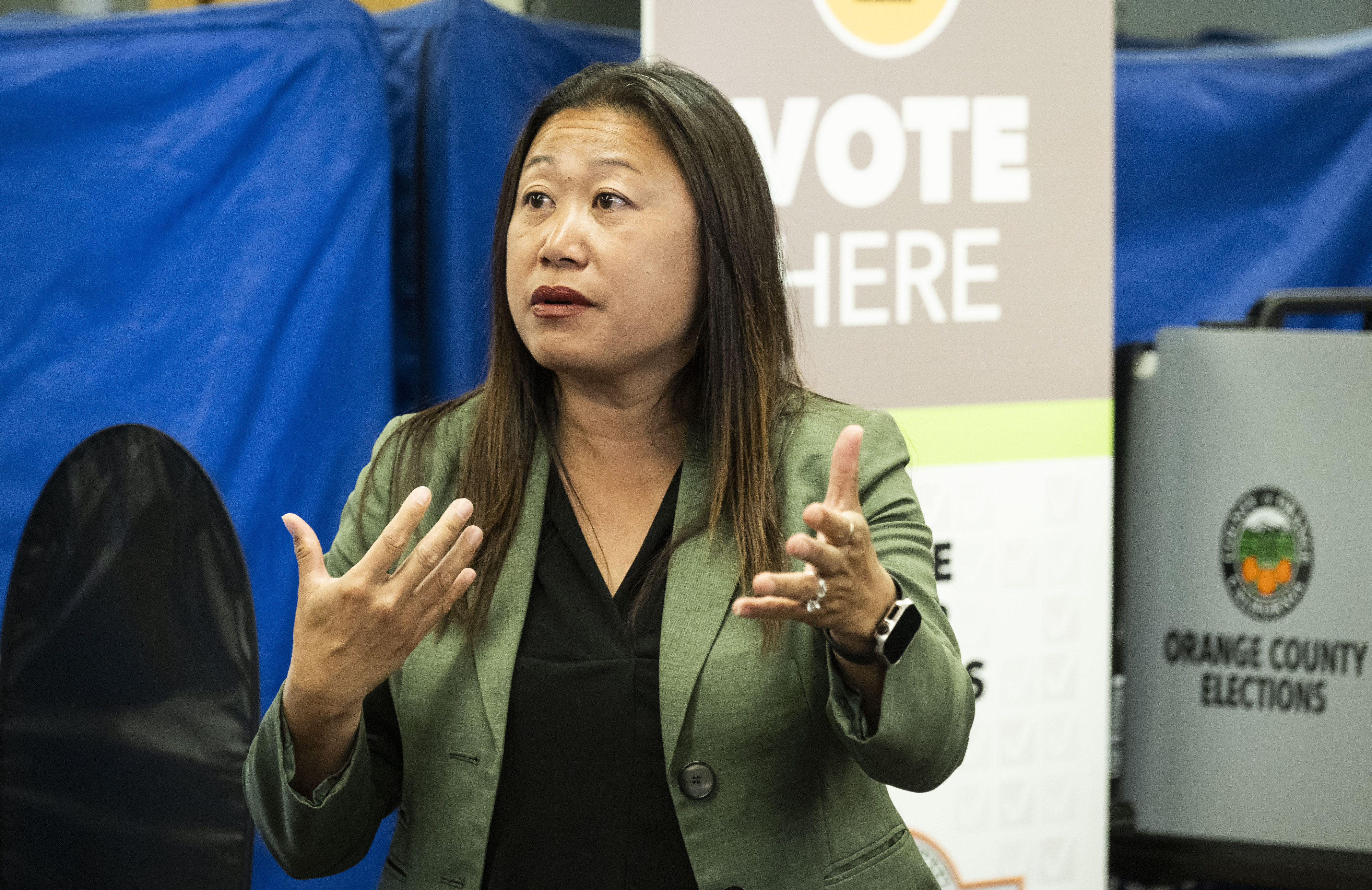 Orange County First District Supervisor Janet Nguyen talks during a...