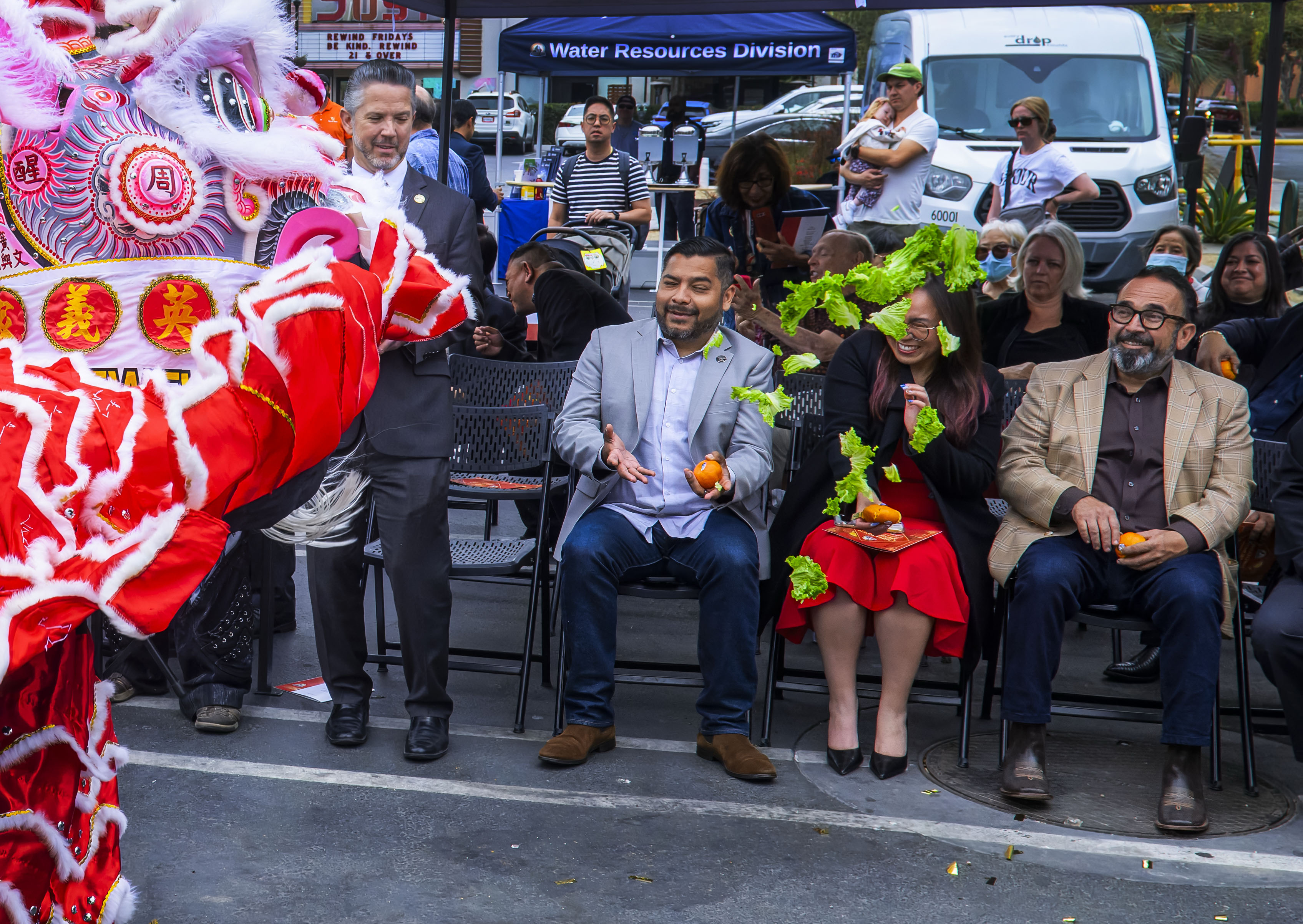 Members of the Santa Ana City Council are showered with...