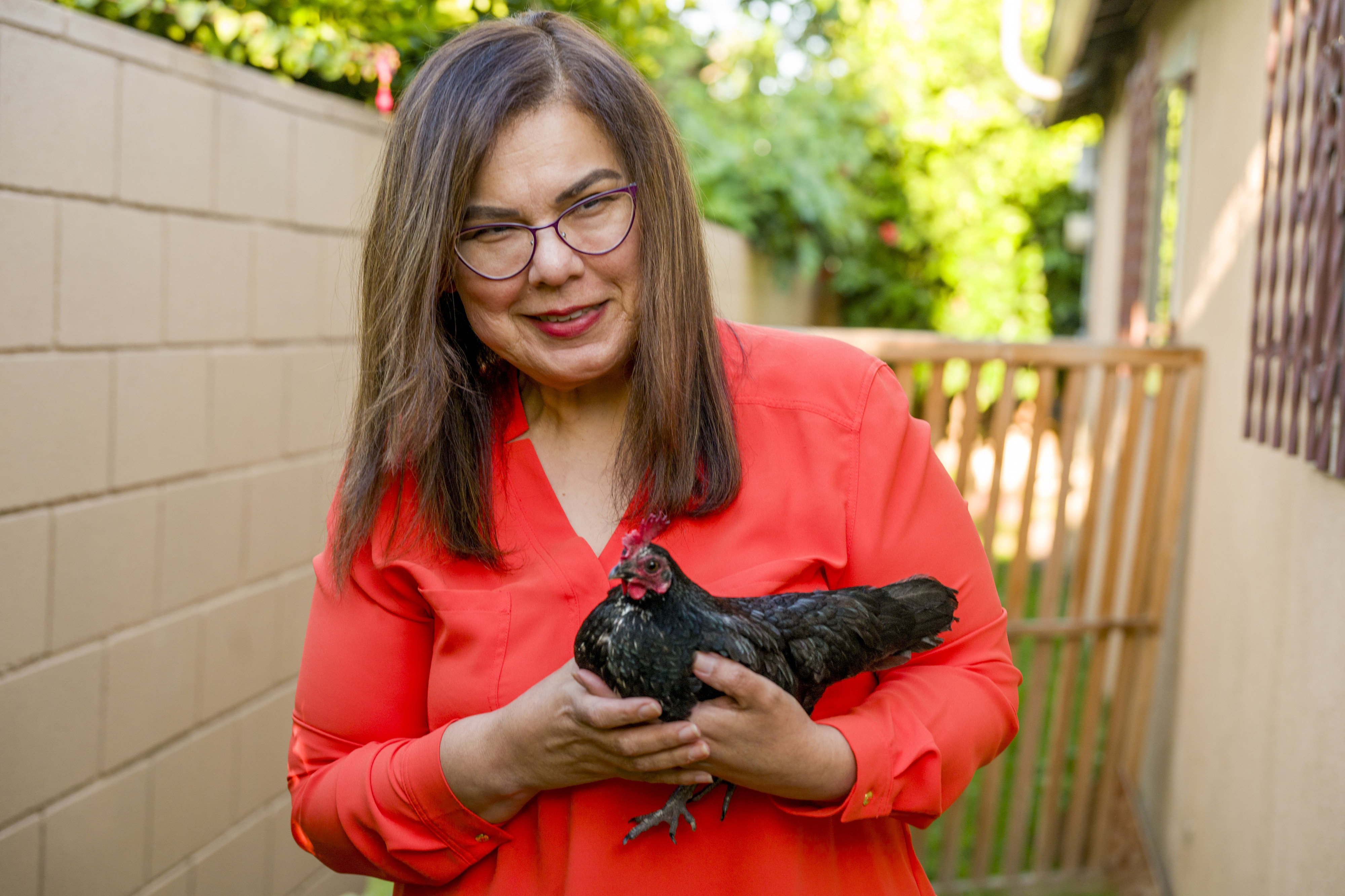 Silvia Salazar holds their pet chicken, Pearl, in the backyard...