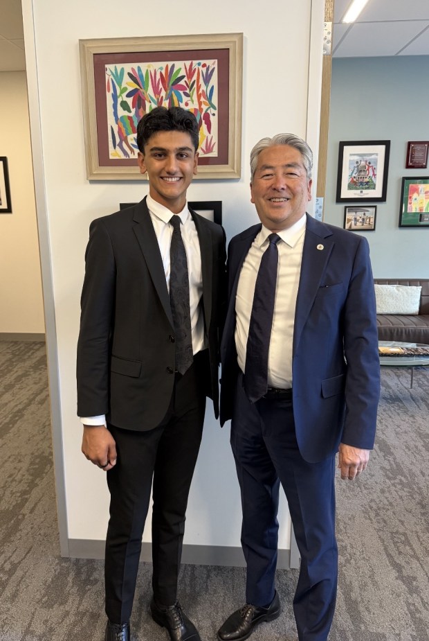 Sage Hill freshman Rishaan Marwaha with Assemblymember Al Muratsuchi, D-Torrance. The 15-year-old recently testified before legislators in favor of a bipartisan bill that bans smartphones in schools through eighth grade. (Photo courtesy of Rishaan Marwaha)