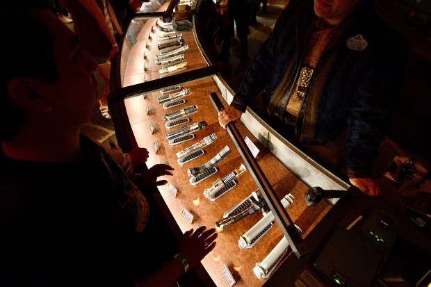 Lightsaber hilts are on display at Dok-Ondar's Den of Antiquities on opening day at Star Wars: Galaxy's Edge at Disneyland in Anaheim, CA, on Friday, May 31, 2019. (Photo by SCNG)