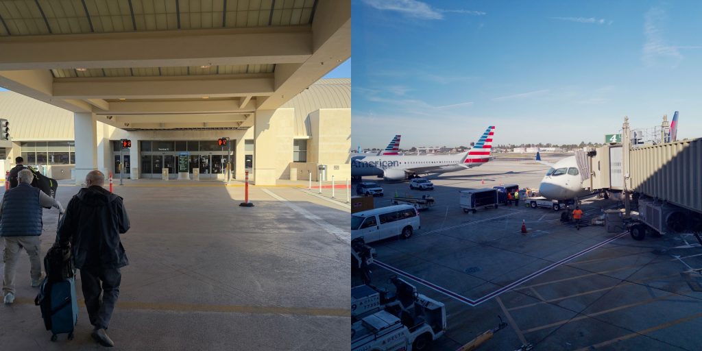 Left: Travelers cross the crosswalk at the airport. Right: American Airlines plan at its gate.