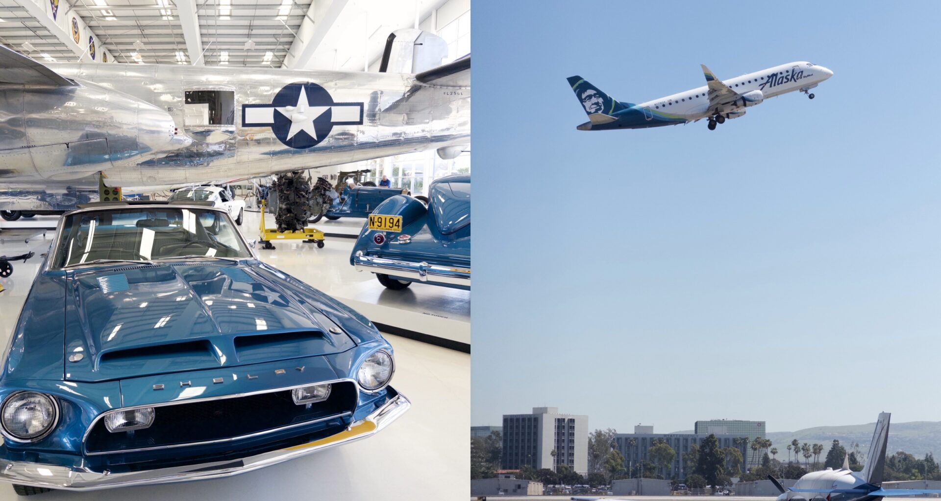 Left: Shelby classic sports car and B-24 Liberator aircraft at a museum. Right: A commercial aircraft takes off from the runway.