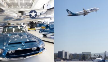 Left: Shelby classic sports car and B-24 Liberator aircraft at a museum. Right: A commercial aircraft takes off from the runway.