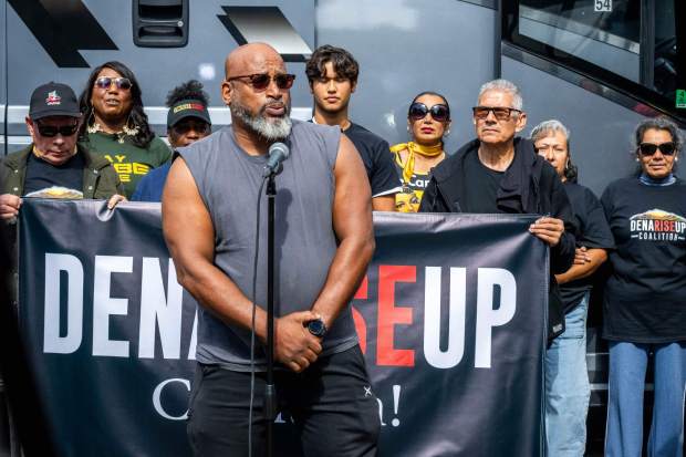 Outside the Pasadena Job Center, Damon Blount, who was born and raised in Altadena and lost his home of 26 years, speaks to the press before heading on a chartered bus with other Eaton fire survivors to Sacramento to demand a rescue plan for Altadena and Pasadena's recovery on Monday, May 18, 2026. Blount's two brothers also lost their Altadena homes in the fire. (Photo by Sarah Reingewirtz, Los Angeles Daily News/SCNG)