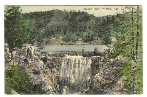 In 1904, a wooden flume ran from the the Lake Hemet Dam to Hemet to bring water to that community. The lake and dam are seen in a postcard from about 1910. (Photo courtesy of Kim Jarrell Johnson)