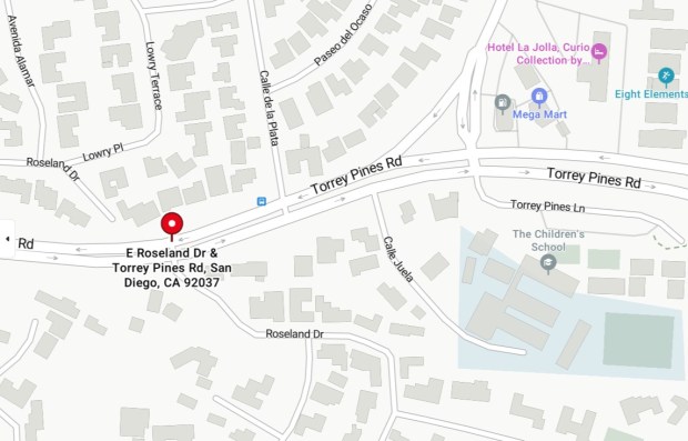 Some residents are urging traffic-calming measures at East Roseland Drive and Torrey Pines Road in La Jolla. (Bing Maps and La Jolla Light)