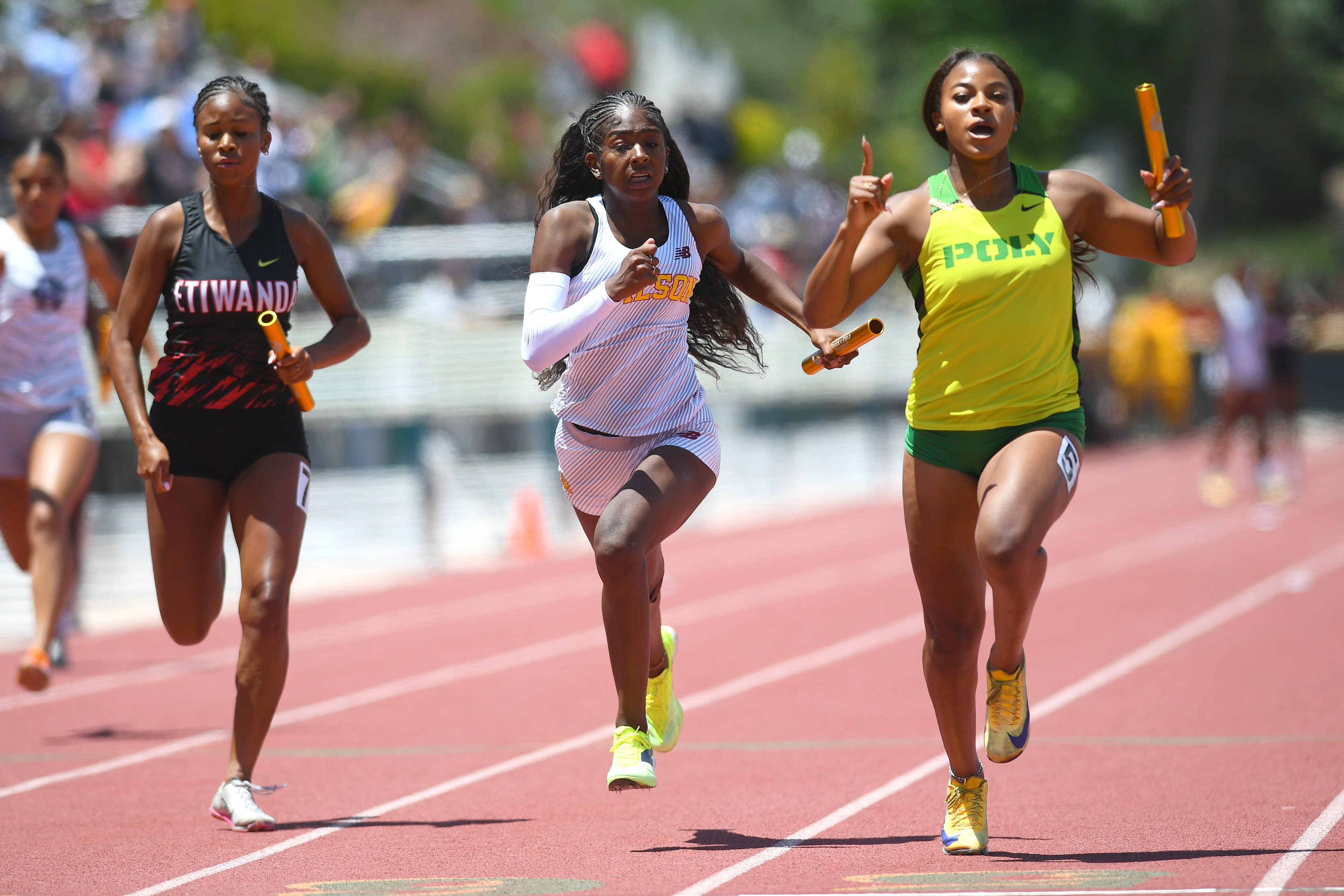 Wilsonâs Kayla Brown and Long Beach Polyâs Brooklyn Lee compete...