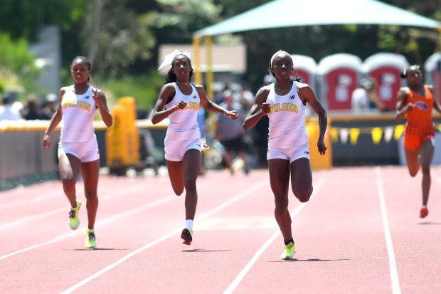 Wilson runners sweep the top four spots in the Division 1 girls 400-meter dash at the CIF Southern Section Track and Field Finals at Moorpark High School on Saturday, May 16, 2026.(Photo by Andy Holzman, Contributing Photographer)