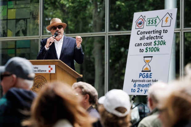 Silicon Valley Business Alliance President and former San Jose City Councilman Johnny Khamis speaks at a rally against the ban on natural gas appliances Monday, May 4, 2026, outside the Santa Clara County Government Center in San Jose, Calif. (Dai Sugano/Bay Area News Group)