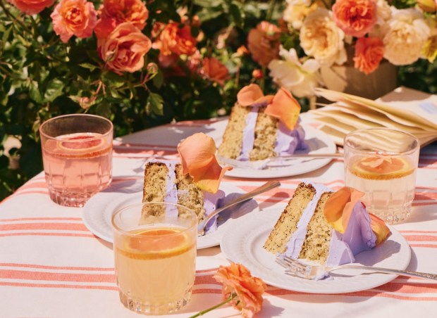 Lemon poppy seed cake with a lavender buttercream frosting.