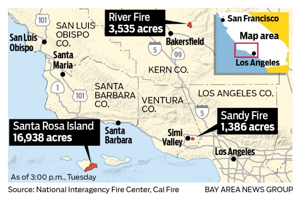 Map showing the locations of three wildfires currently burning in Southern California.