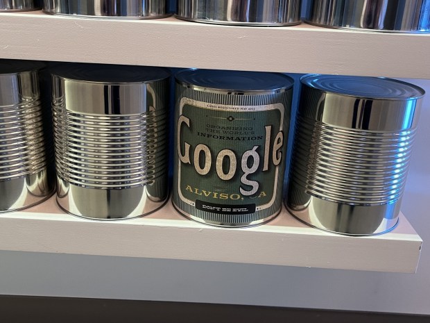 A can bearing Google's name and one of the tech company's mottos is displayed on a wall within Building 8 of the tech company's Meadow Point campus in the Alviso district of north San Jose, seen on May 11, 2026. (George Avalos/Bay Area News Group)