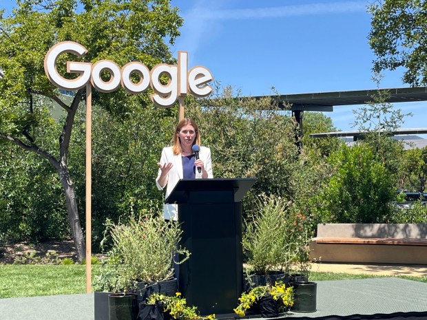 Jen Fitzpatrick, Google Core senior vice president, speaks during  an event to formally open the tech company's Meadow Point campus in the Alviso district of north San Jose, May 11, 2026. (George Avalos/Bay Area News Group)