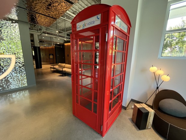 Telephone box with a Google Voice logo at the company's Meadow Point campus in the Alviso district of north San Jose, seen on May 11, 2026. (George Avalos/Bay Area News Group)