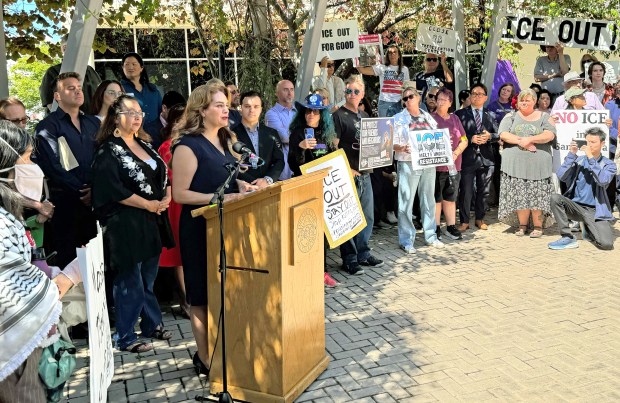 Santa Clara County supervisor Sylvia Arenas speaks at a protest in San Jose, Calif., on May 14, 2026, against a planned U.S. Immigration and Customs Enforcement detention center near Gilroy. (Caelyn Pender/Bay Area News Group)