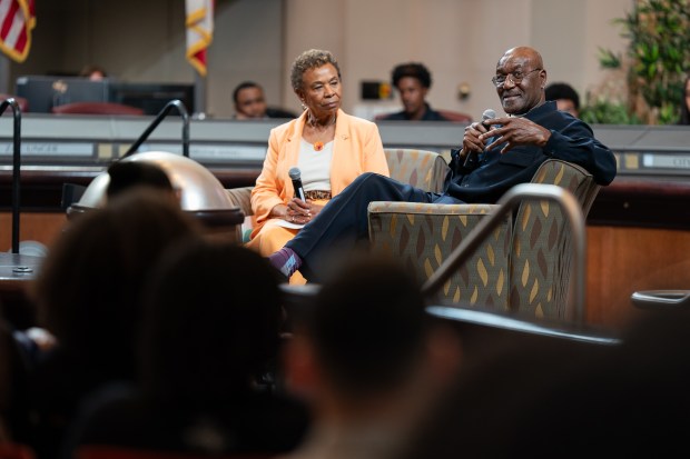 Actor Delroy Lindo, right, is interviewed by mayor Barbara Lee, left, at Oakland City Hall in Oakland, CA on Wednesday, May 6, 2026. Lindo, a longtime Oakland resident is critically acclaimed for his performances on such films as Get Shorty and Sinners, as well as in theater and on television. (Don Feria for Bay Area News Group)