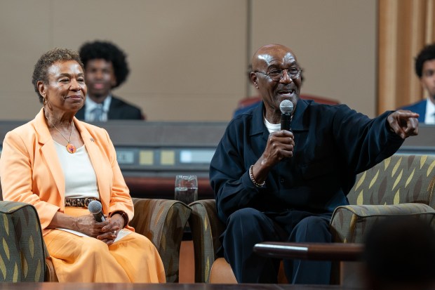 Actor Delroy Lindo, right, is interviewed by mayor Barbara Lee, left, at Oakland City Hall in Oakland, CA on Wednesday, May 6, 2026. Lindo, a longtime Oakland resident is critically acclaimed for his performances on such films as Get Shorty and Sinners, as well as in theater and on television. (Don Feria for Bay Area News Group)