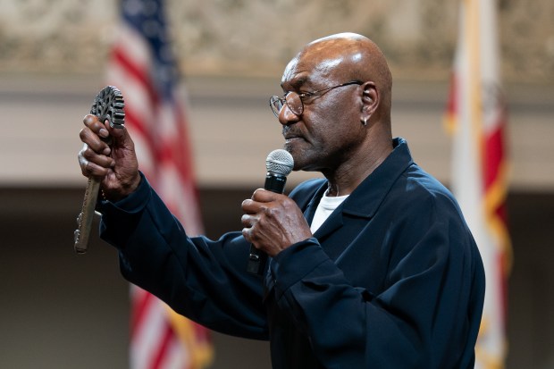 Actor Delroy Lindo holds the key to the city after being honored by mayor Barbara Lee at Oakland City Hall in Oakland, CA on Wednesday, May 6, 2026. Lindo, a longtime Oakland resident is critically acclaimed for his performances on such films as Get Shorty and Sinners, as well as in theater and on television. (Don Feria for Bay Area News Group)