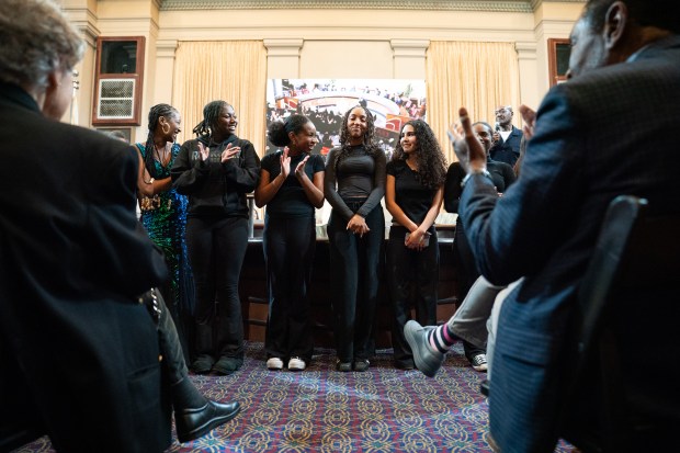 Students from the Oakland School for the Arts show their excitement after being lauded by Actor Delroy Lindo who was honored by mayor Barbara Lee with the key to the city at Oakland City Hall in Oakland, CA on Wednesday, May 6, 2026. Lindo, a longtime Oakland resident is critically acclaimed for his performances on such films as Get Shorty and Sinners, as well as in theater and on television. (Don Feria for Bay Area News Group)