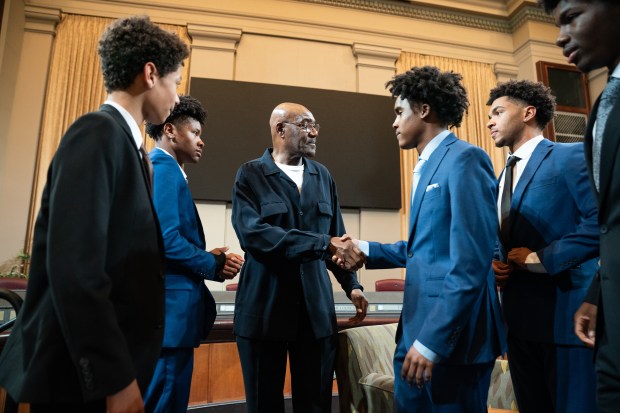 Actor Delroy Lindo, center, meets members of All Tied Up, after being honored by mayor Barbara Lee with the key to the city at Oakland City Hall in Oakland, CA on Wednesday, May 6, 2026. Lindo, a longtime Oakland resident is critically acclaimed for his performances on such films as Get Shorty and Sinners, as well as in theater and on television. (Don Feria for Bay Area News Group)