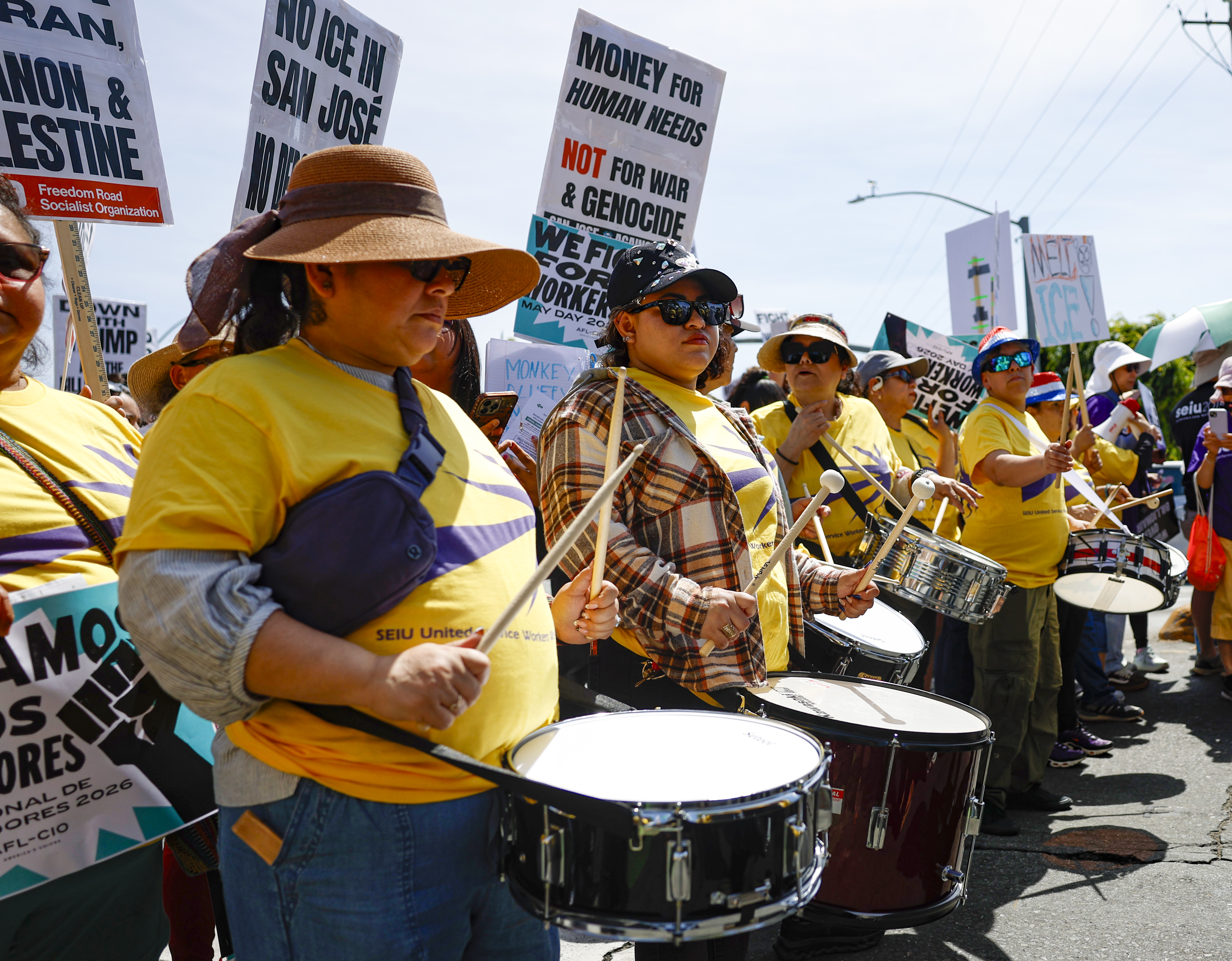 Protester drum during a May Day protest in San Jose,...