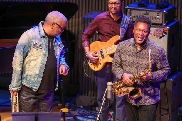 Terence Blanchard, left, on trumpet, and Ravi Coltrane, on saxophone, perform during the John Coltrane and Miles Davis Centennial concert at the SFJAZZ Center in San Francisco, on Thursday, May 28, 2026. (Ray Chavez/Bay Area News Group)