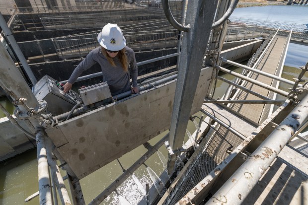 California Department of Water Resources Utility craftsworker Paul Bronson cleans golden mussels of from Skinner Fish Facility louvers that divert fish away from the pumps at Banks Pumping Plant in Contra Costa County, Calif., on July 1, 2025. (Photo: Nick Shockey / California Department of Water Resources)
