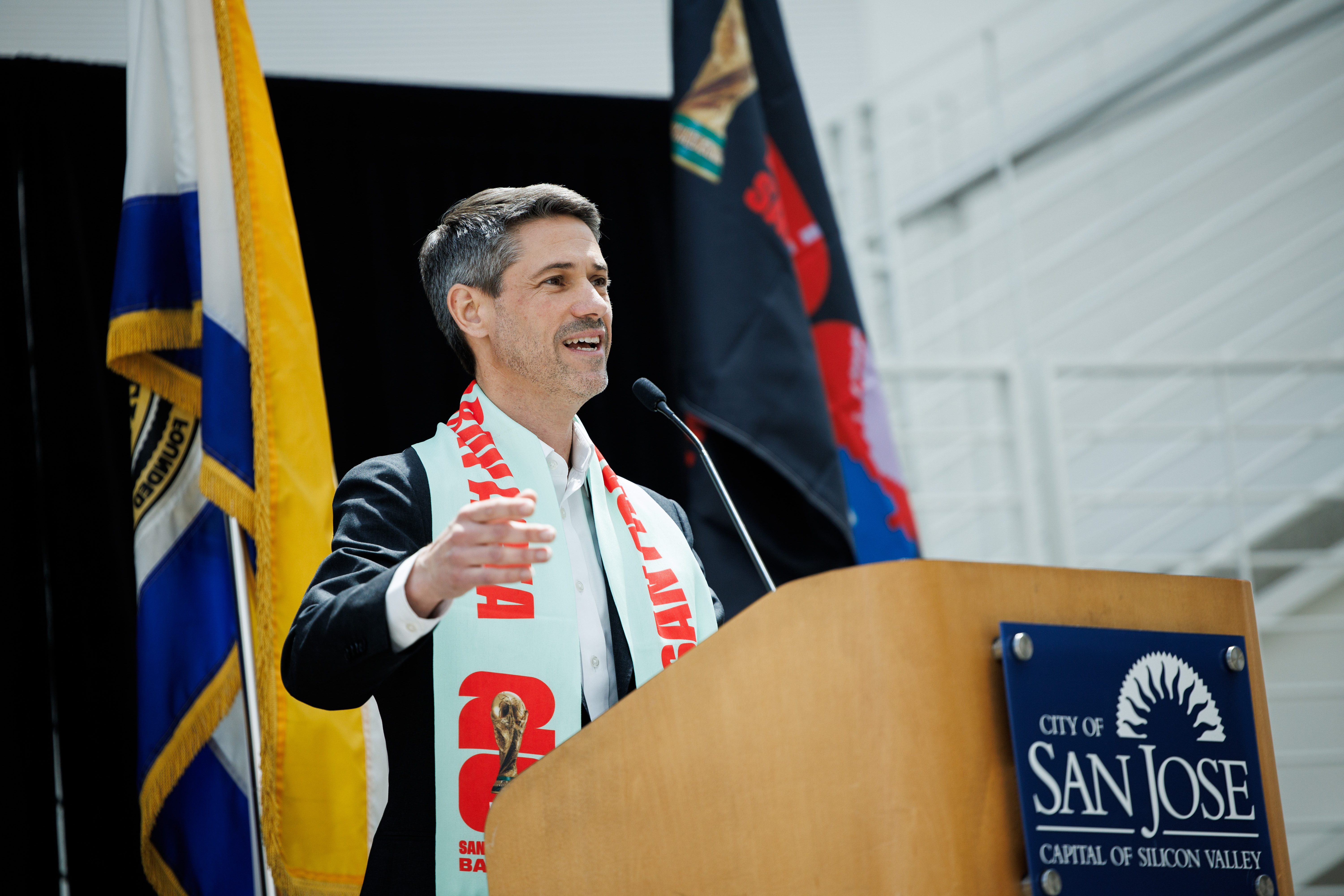 San Jose Mayor Matt Mahan speaks during a flag-raising ceremony...