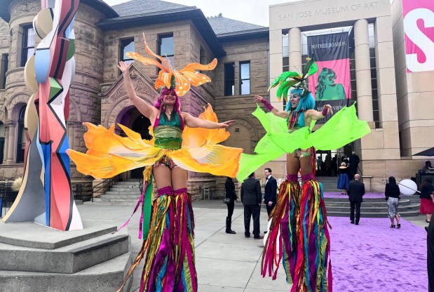 Stilt-walkers welcome guests at the San Jose Museum of Art Gala and Auction, held at the Circle of Palms in downtown San Jose on Saturday, April 25, 2026. (Sal Pizarro/Bay Area News Group)