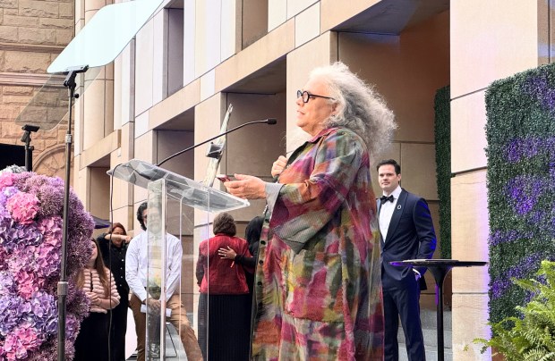 Artist Alison Saar speaks to the crowd after being honored at the San Jose Museum of Art Gala and Auction, held at the Circle of Palms in downtown San Jose on Saturday, April 25, 2026. (Sal Pizarro/Bay Area News Group)